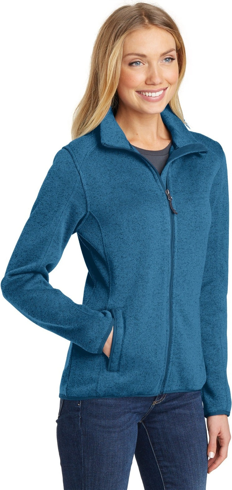 Med Blue Hthr Port Authority Women's Sweater Fleece Jacket. L232