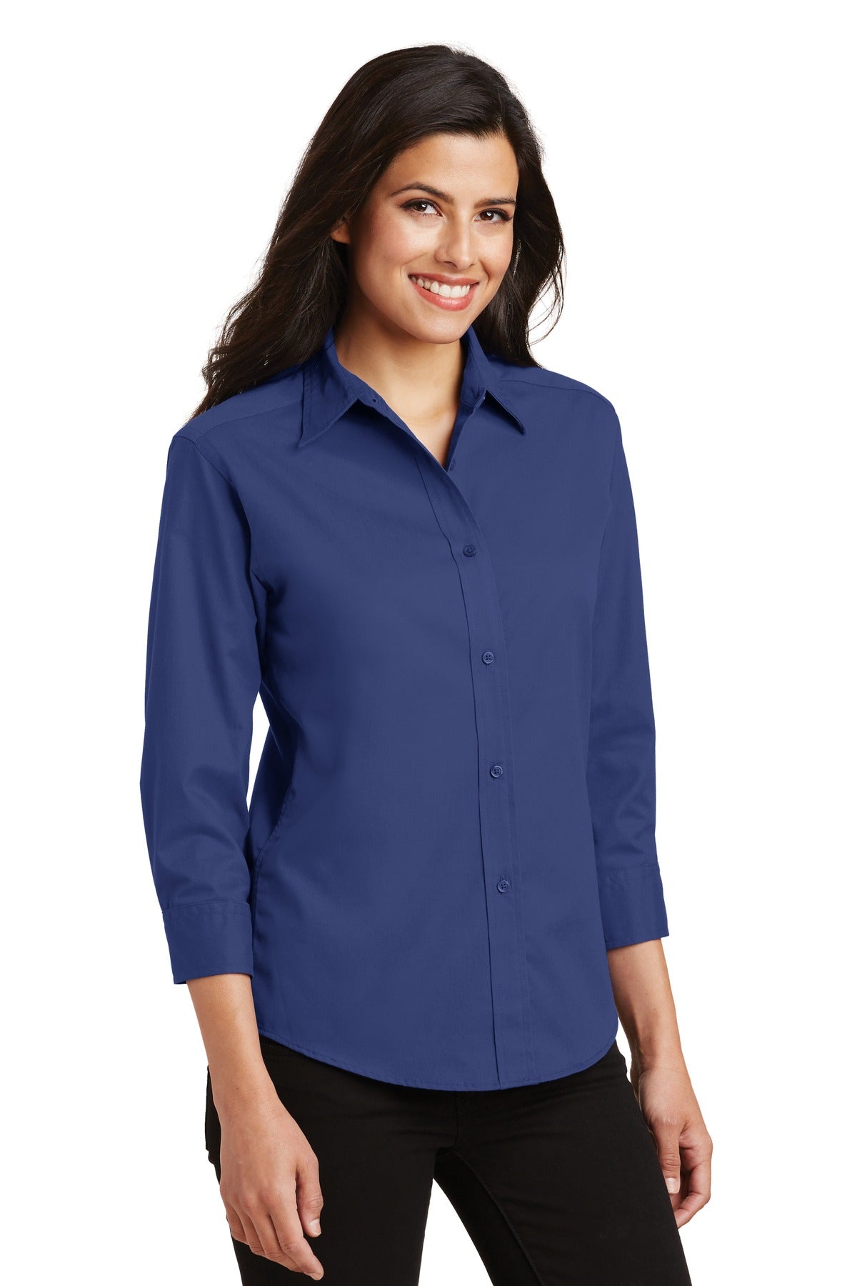 Med. Blue Port Authority Women's 3/4-Sleeve Easy Care Shirt. L612