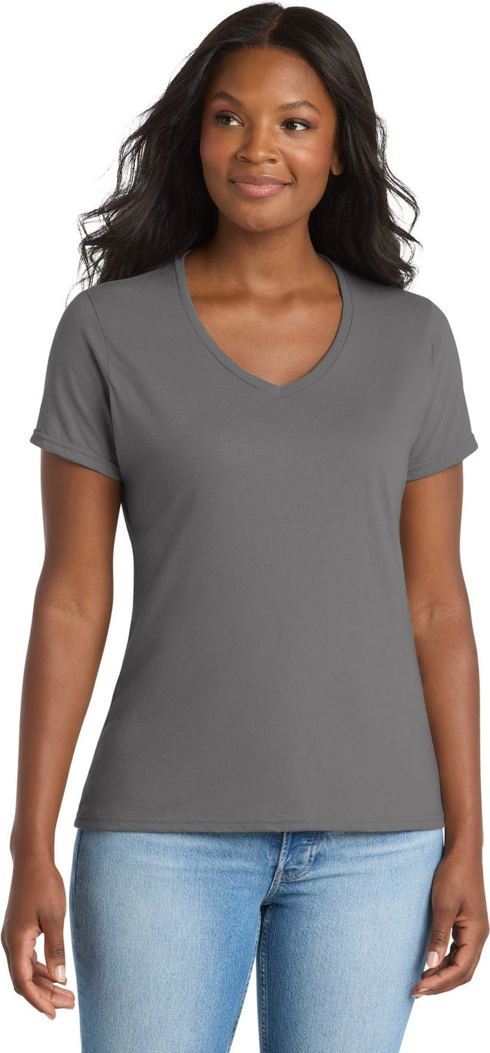 Medium Grey Port & Co Women's Performance Blend V-Neck Tee. LPC381V