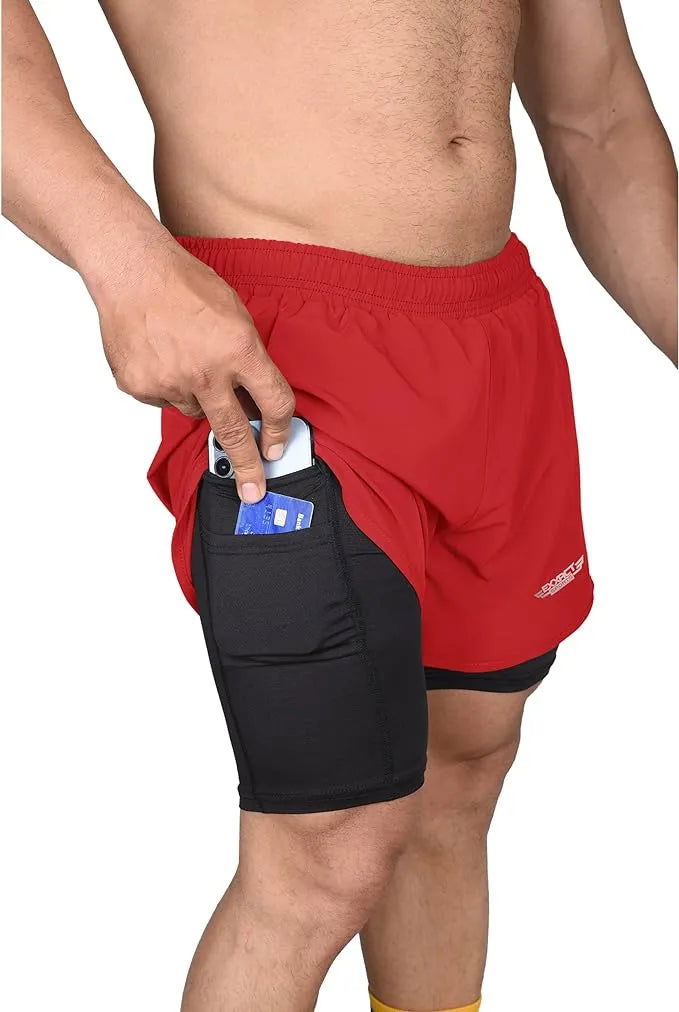 Men’s 2 in 1 Athletic Shorts with Compression Liner (red) - Small