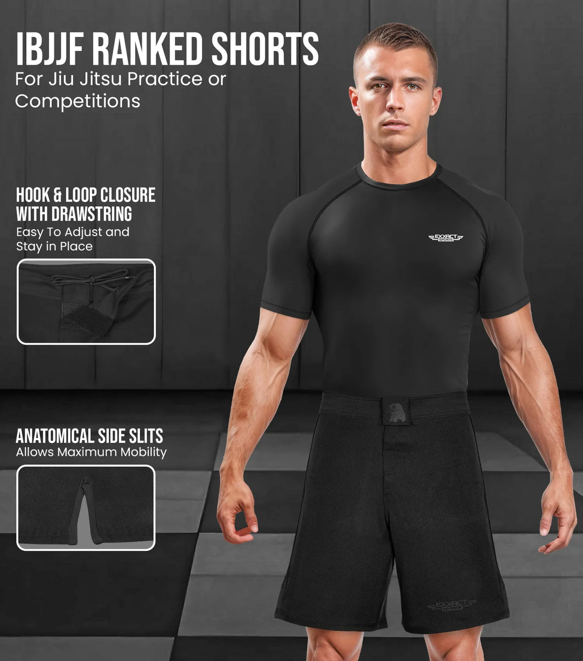 Men’s Mma Shorts Ibjjf Ranked no Gi Bjj Jiu Jitsu for Grappling Boxing Cross Training (black)
