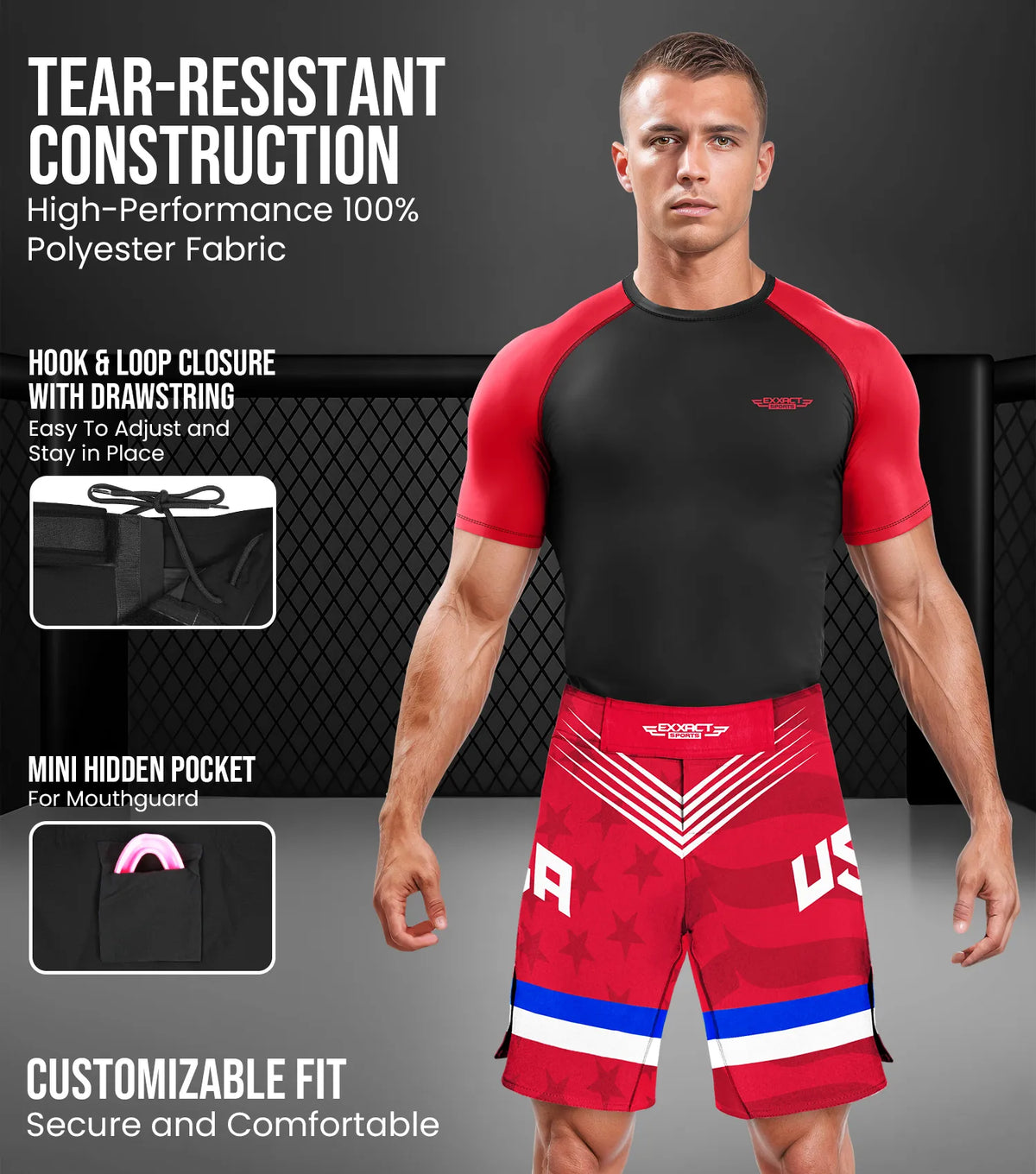 Men’s Pro Mma Shorts No-gi Bjj Jiu Jitsu for Boxing Ufc & Cross Training (red Usa)