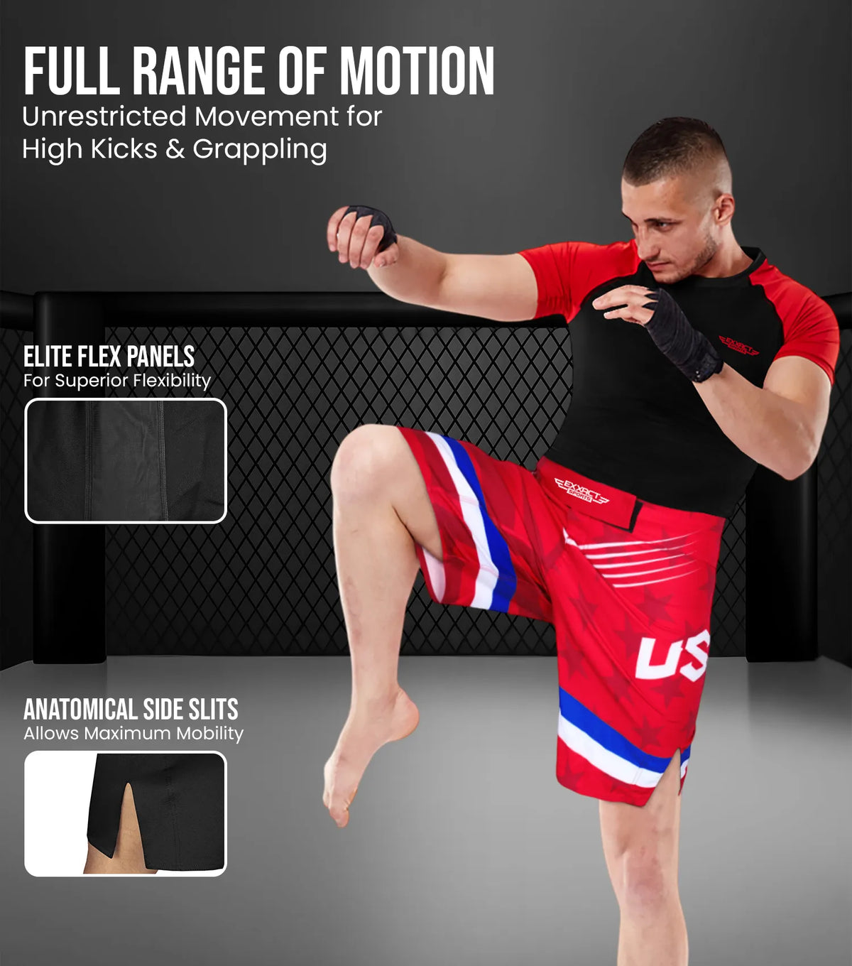 Men’s Pro Mma Shorts No-gi Bjj Jiu Jitsu for Boxing Ufc & Cross Training (red Usa)