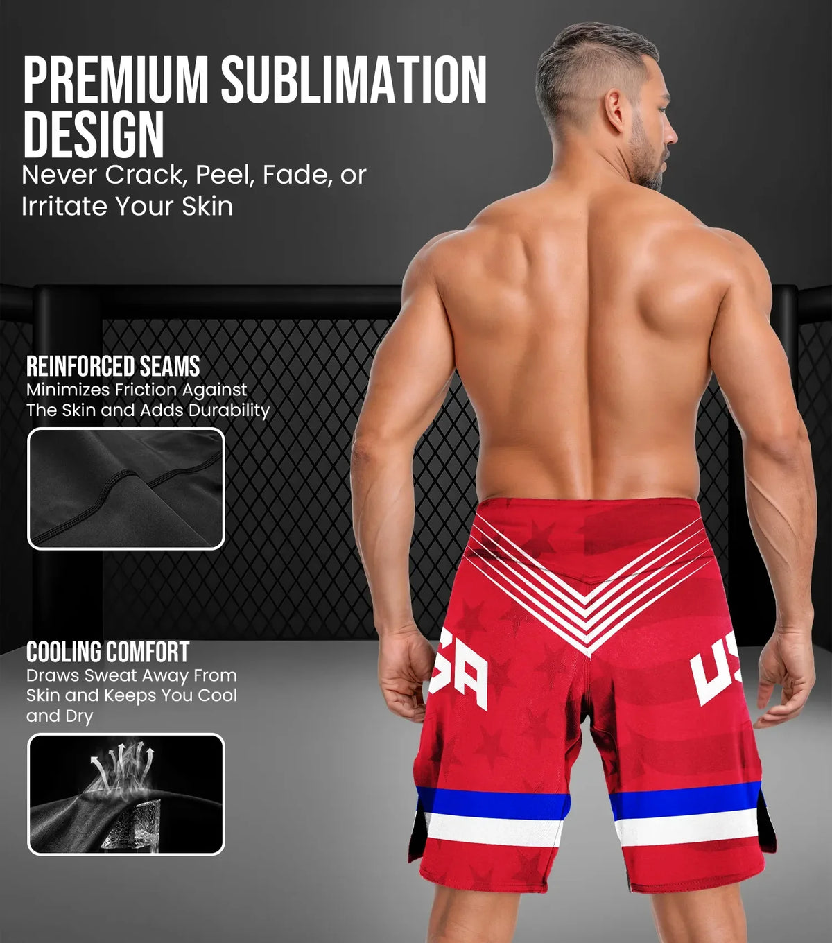 Men’s Pro Mma Shorts No-gi Bjj Jiu Jitsu for Boxing Ufc & Cross Training (red Usa)