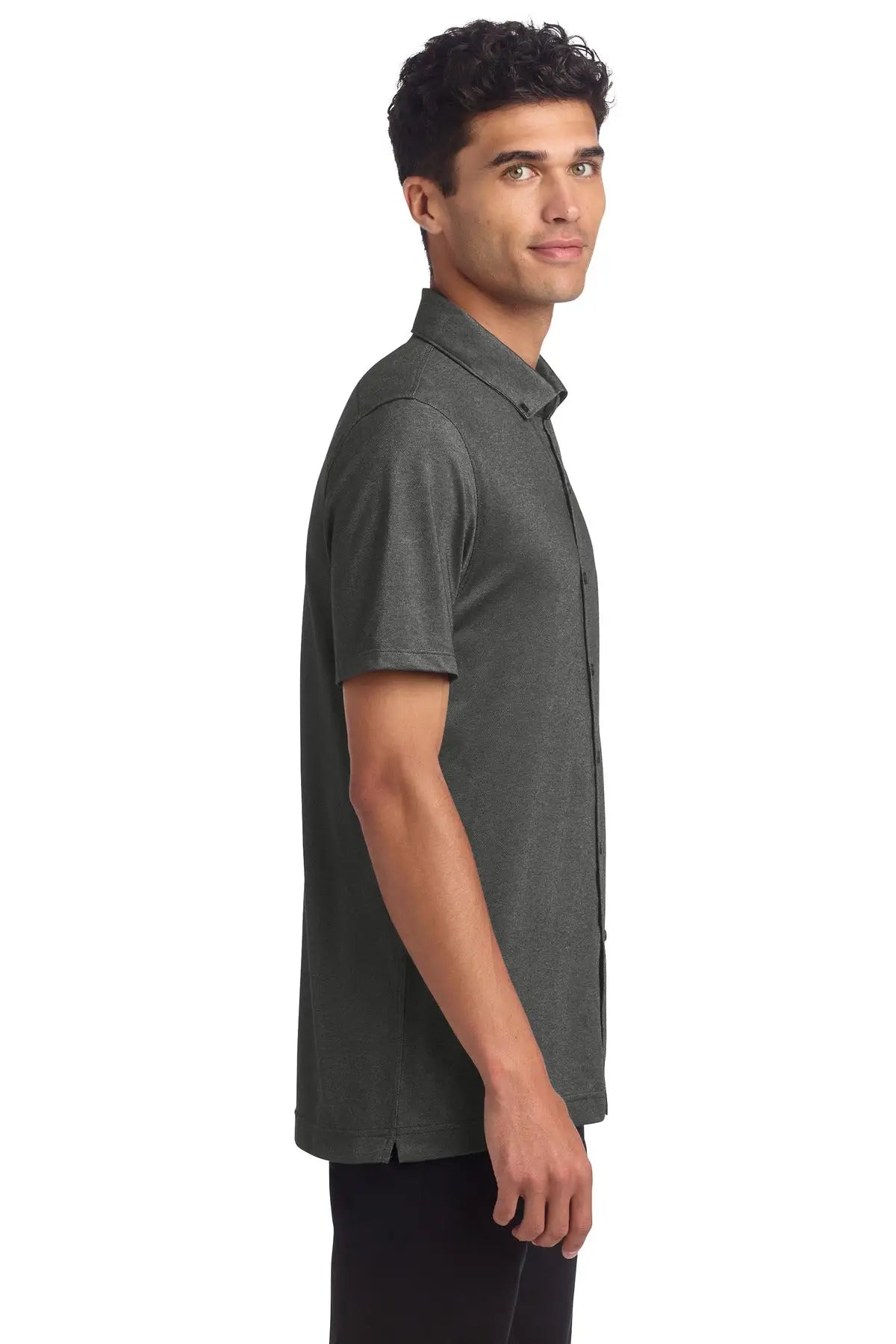 Mercer + mettle Mm1006 Stretch Pique Full-button Polo - Anchor Gray Heather