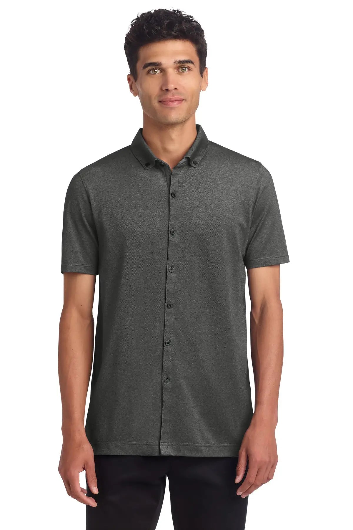 Mercer + mettle Mm1006 Stretch Pique Full-button Polo - Anchor Gray Heather - Adult Xs