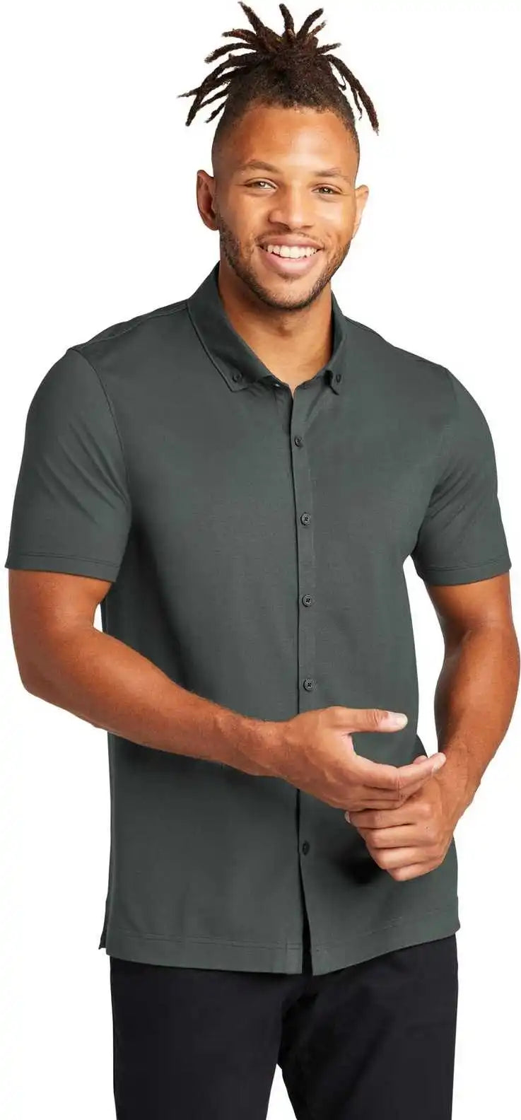 Mercer + mettle Mm1006 Stretch Pique Full Button Polo Anchor Grey Dark Gray / Adult l
