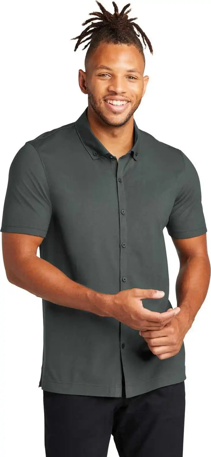 Mercer + mettle Mm1006 Stretch Pique Full Button Polo Anchor Grey