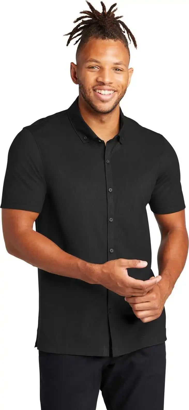 Mercer + mettle Mm1006 Stretch Pique Full Button Polo Deep Black