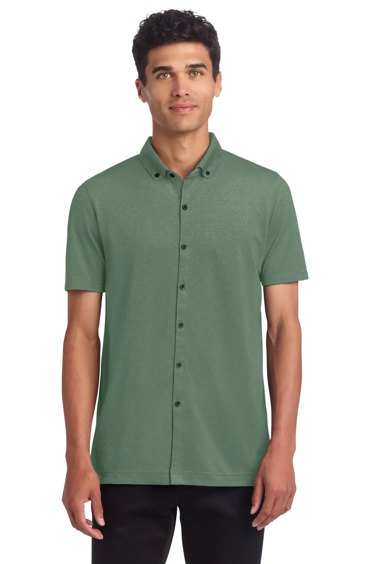 Mercer + mettle Mm1006 Stretch Pique Full-button Polo - Sage Heather - Adult Xs