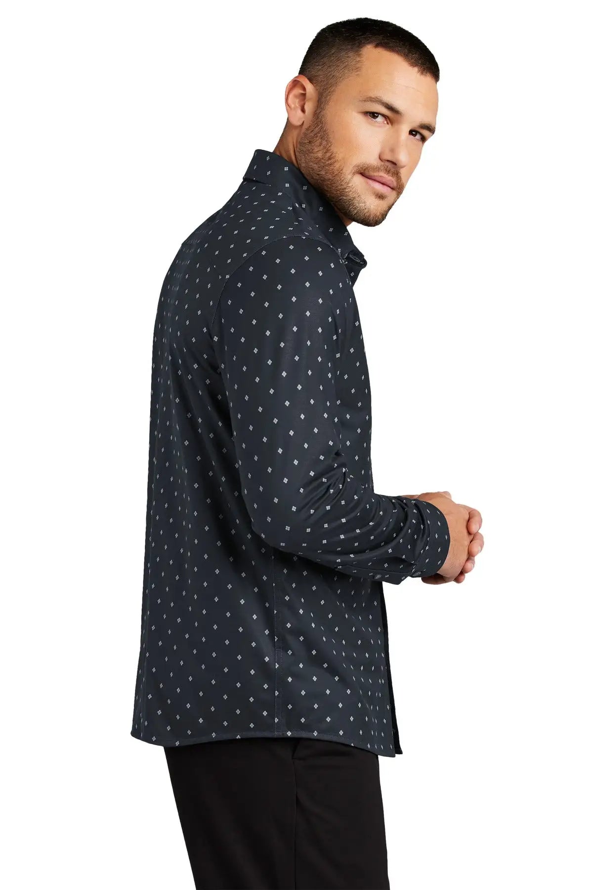 Mercer + mettle Mm1018 Stretch Jersey Long Sleeve Shirt - Navy Geo Diamond