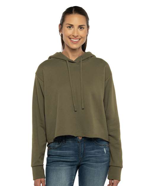 Front View of Military Green Women's Laguna Sueded Raw Edge Crop Hoodie - 9384