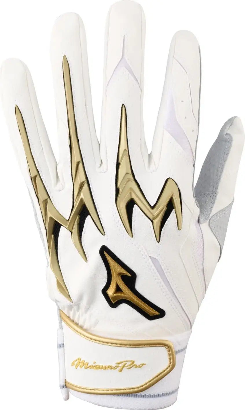 Mizuno 330457 Pro Powerarc Baseball Batting Glove - White-gold