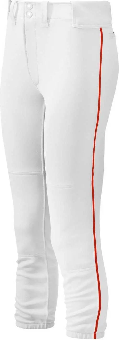 Mizuno 350963 Girl’s Belted Piped Softball Pant - White Red