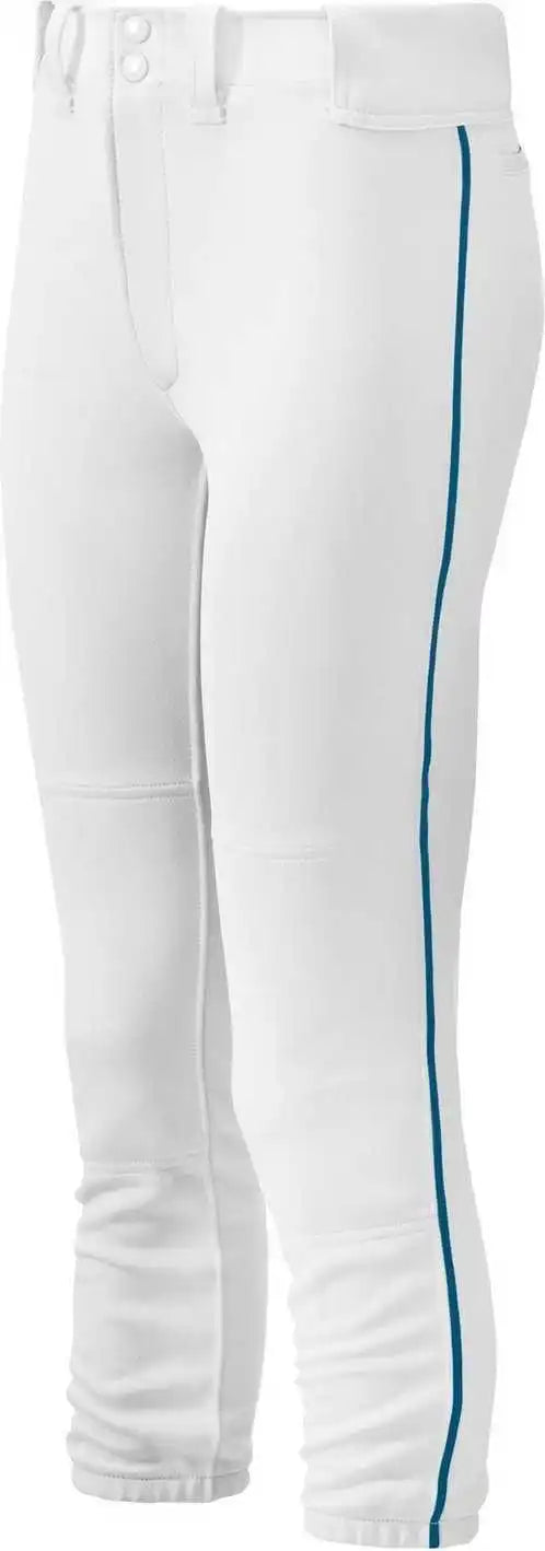 Mizuno Girl’s Belted Piped Softball Pant - White Navy