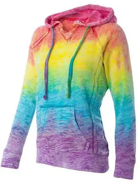 Mv Sport W1162 Womens Courtney Burnout v Notch Hooded Sweatshirt Rainbow Stripe