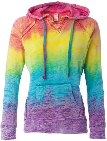 Mv Sport W1162 Womens Courtney Burnout v Notch Hooded Sweatshirt Rainbow Stripe