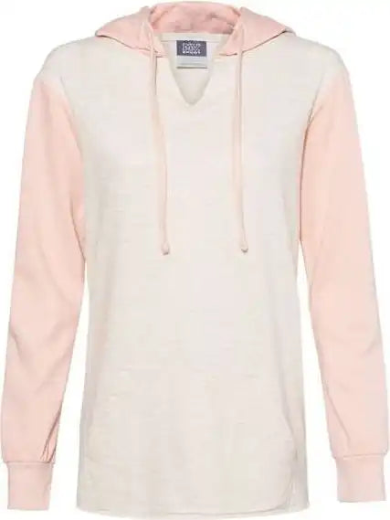 Mv Sport W20145 Womens French Terry Hooded Pullover with Colorblocked Sleeves - Cameo Pink Oatmeal