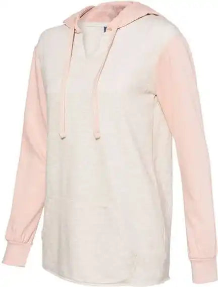Mv Sport W20145 Womens French Terry Hooded Pullover with Colorblocked Sleeves - Cameo Pink Oatmeal