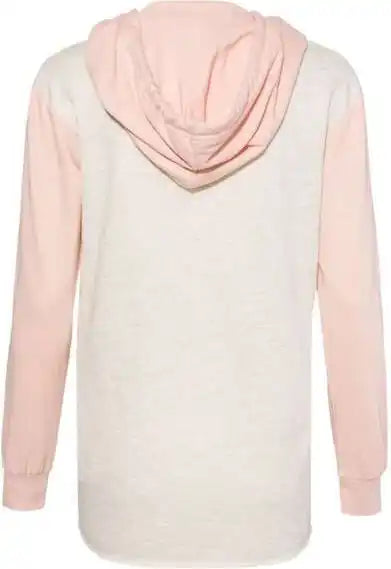 Mv Sport W20145 Womens French Terry Hooded Pullover with Colorblocked Sleeves - Cameo Pink Oatmeal