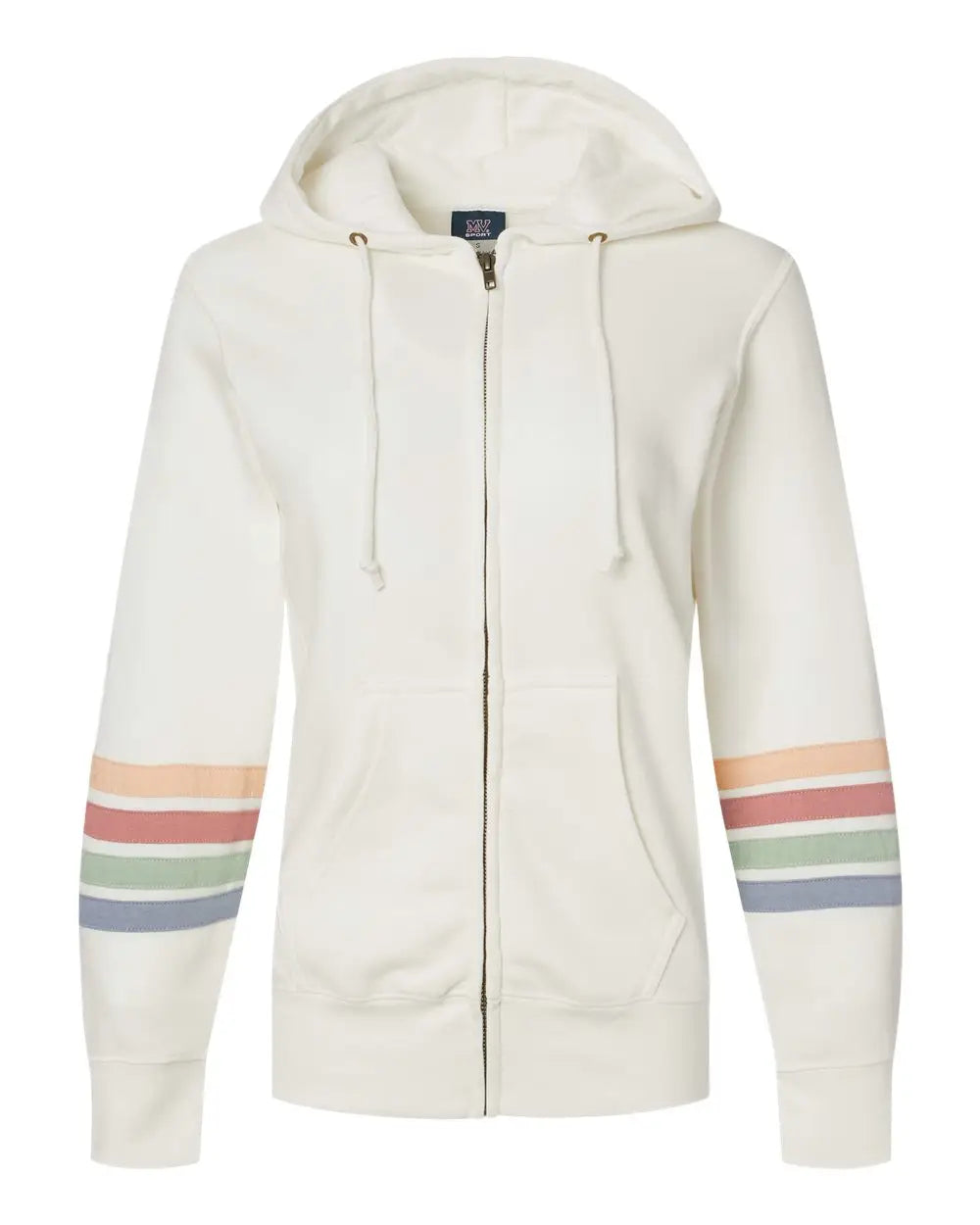 Mv Sport W22732 Women’s Striped Sleeves Full-zip Hooded Sweatshirt - Ivory - s