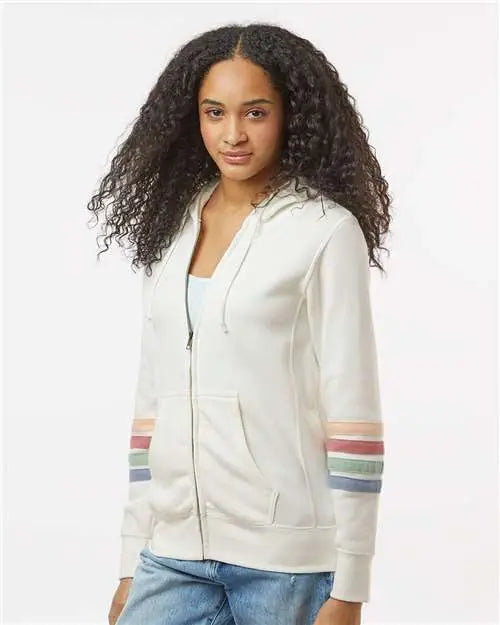 Mv Sport W22732 Women’s Striped Sleeves Full-zip Hooded Sweatshirt - Ivory