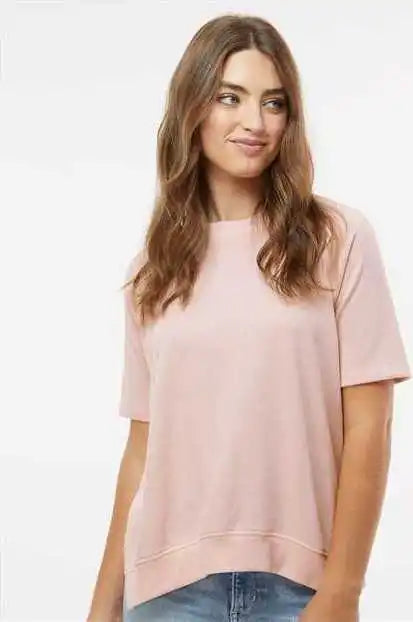 Mv Sport W23711 Women’s French Terry Short Sleeve Crewneck Pullover - Cameo Pink