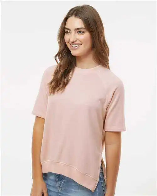 Mv Sport W23711 Women’s French Terry Short Sleeve Crewneck Pullover - Cameo Pink