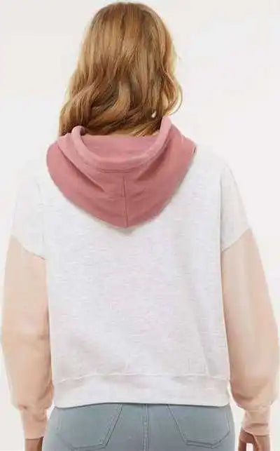 Mv Sport W23716 Women’s Sueded Fleece Colorblocked Crop Hooded Sweatshirt Cameo Pink