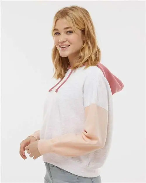 Mv Sport W23716 Women’s Sueded Fleece Colorblocked Crop Hooded Sweatshirt - Cameo Pink