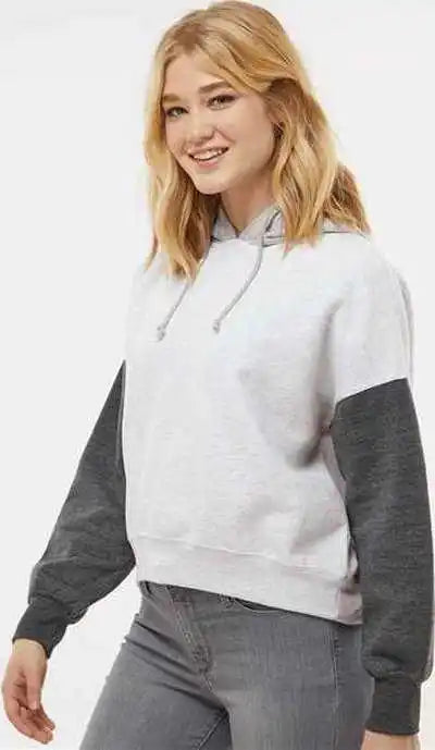 Mv Sport W23716 Women’s Sueded Fleece Colorblocked Crop Hooded Sweatshirt - Charcoal