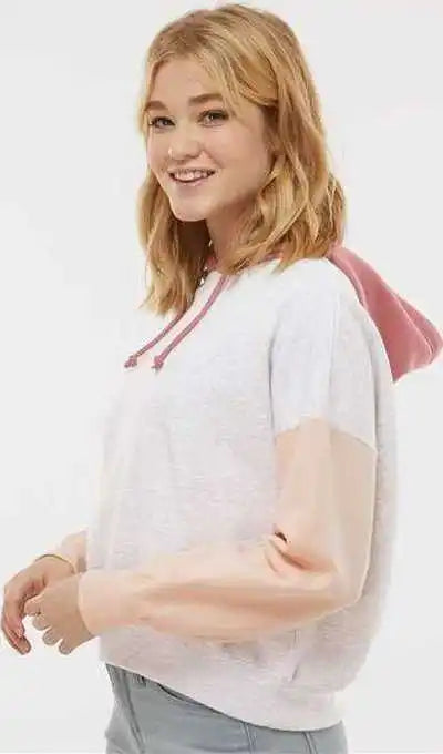 Mv Sport W23716 Women’s Sueded Fleece Colorblocked Crop Hooded Sweatshirt Cameo Pink