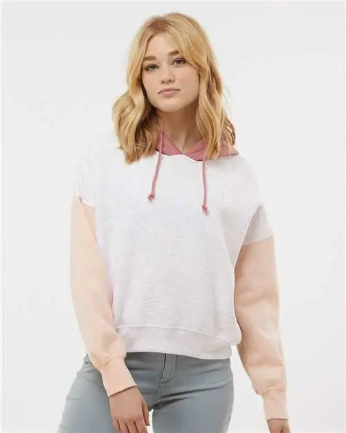 Mv Sport W23716 Women’s Sueded Fleece Colorblocked Crop Hooded Sweatshirt - Cameo Pink