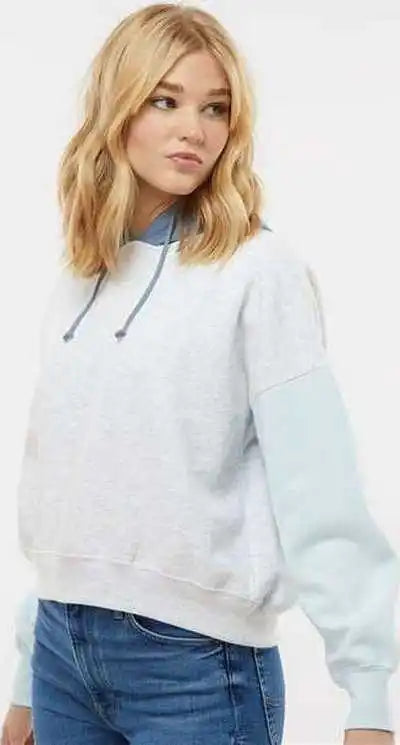 Mv Sport W23716 Women’s Sueded Fleece Colorblocked Crop Hooded Sweatshirt Arctic Blue
