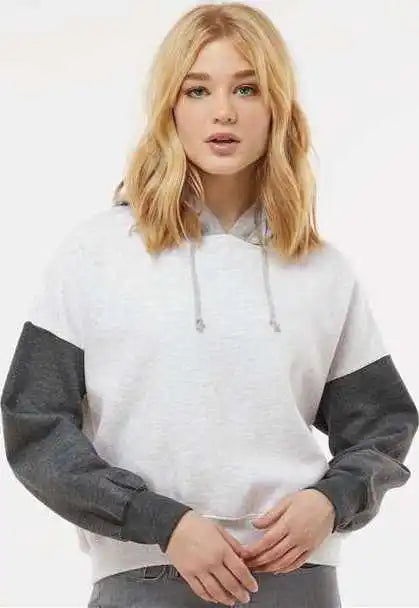 Mv Sport W23716 Women’s Sueded Fleece Colorblocked Crop Hooded Sweatshirt - Charcoal