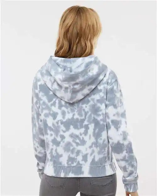 Mv Sport W23718 Women’s Sueded Fleece Tie-dyed Crop Hooded Sweatshirt - Stonewash