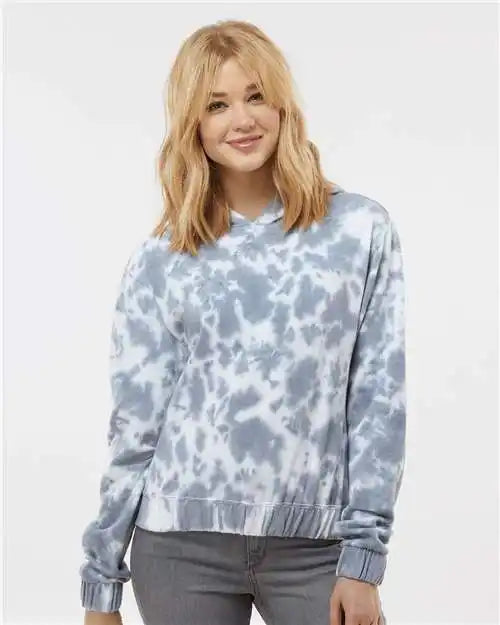 Mv Sport W23718 Women’s Sueded Fleece Tie-dyed Crop Hooded Sweatshirt - Stonewash