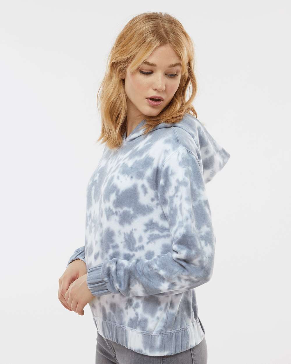 Mv Sport W23718 Women’s Sueded Fleece Tie-dyed Crop Hooded Sweatshirt - Stonewash