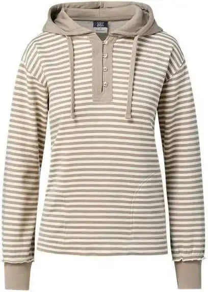 Mv Sport W24128 Women’s Alina Henley Hooded Sweatshirt - Atmosphere Ecru Stripe