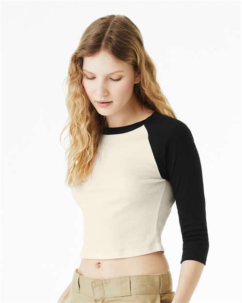 Natural/ Black Women&#39;s Micro Rib 3/4 Raglan Sleeve Baby Tee - 1200