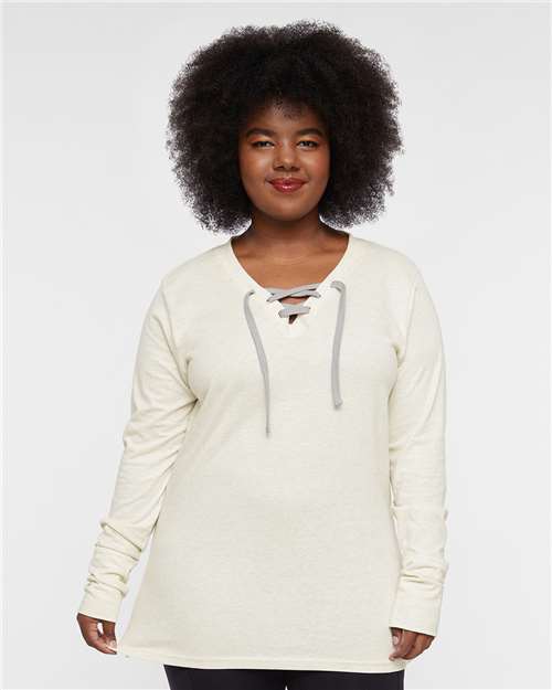 Natural Heather/ Titanium Women&#39;s Fine Jersey Lace-Up Long Sleeve T-Shirt - 3538