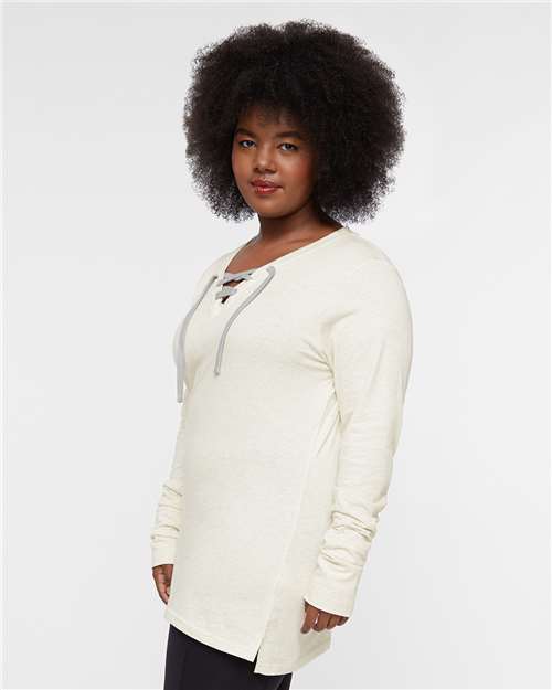 Natural Heather/ Titanium Women&#39;s Fine Jersey Lace-Up Long Sleeve T-Shirt - 3538