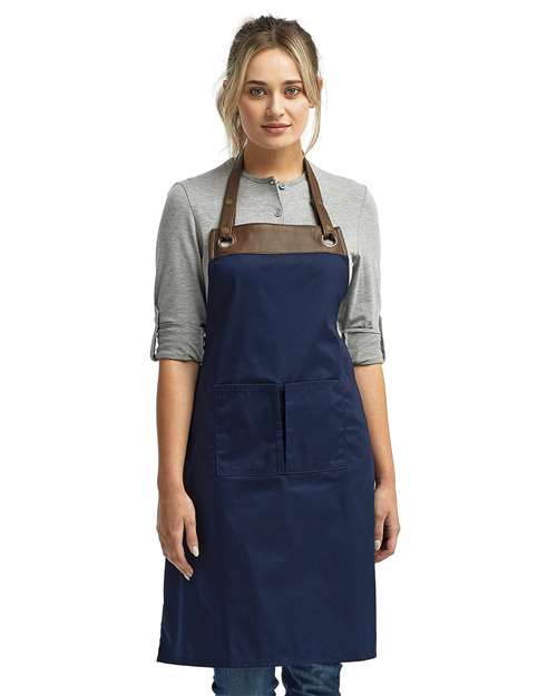 Front View of Navy/ Brown Espresso Bib Apron with Pocket - RP123