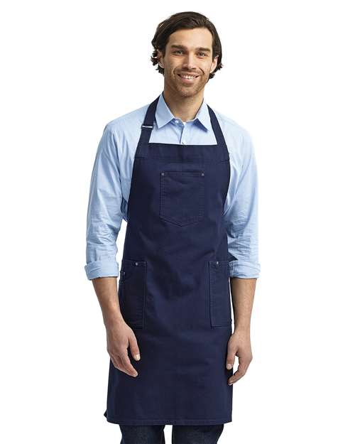 Front View of Navy Cotton Chino Bib Apron with Pocket - RP132