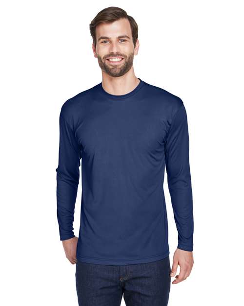 Front View of Navy Men's Cool & Dry Sport Long Sleeve Performance Interlock T-Shirt - 8422