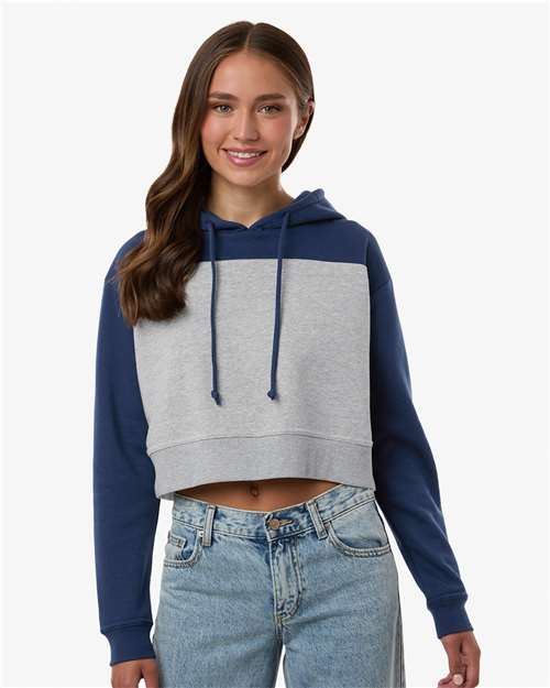 Navy/ Oxford Heather Women&#39;s Cropped Fleece Hooded Sweatshirt - BW5404