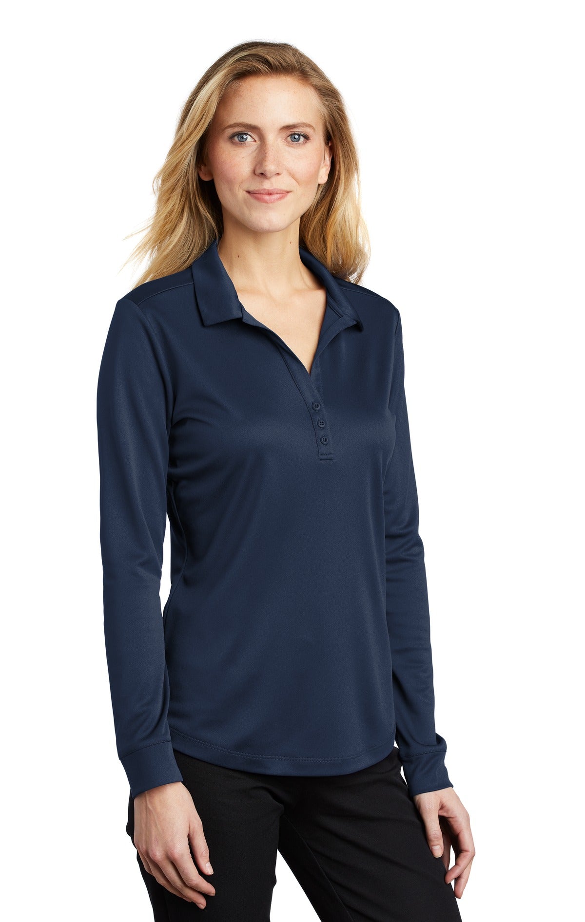Navy Port Authority Women's Silk Touch Performance Long Sleeve Polo. L540LS