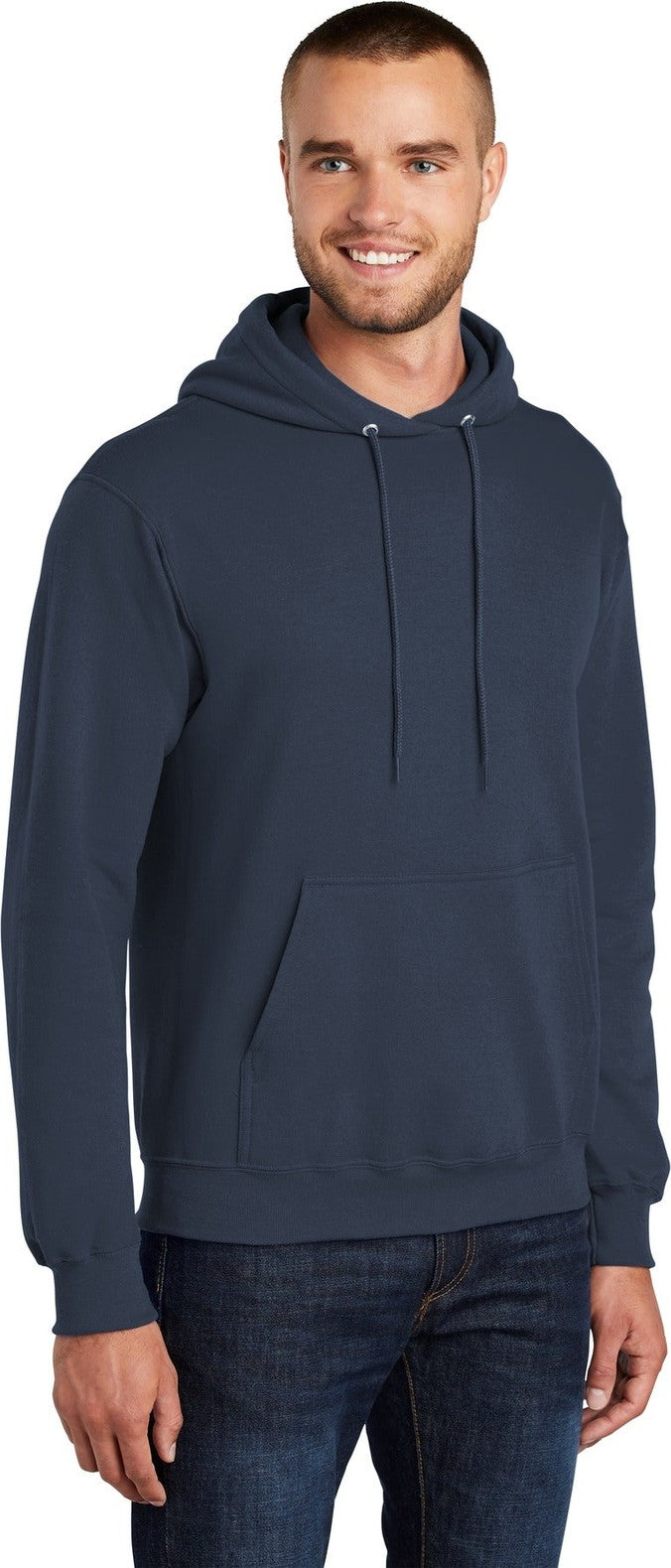 Navy Port & Co Core Fleece Pullover Hooded Sweatshirt. PC78H