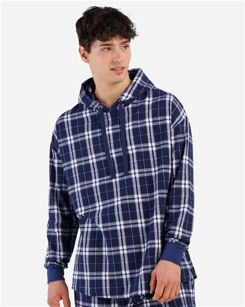 Navy/ Silver Plaid Unisex Flannel Hooded Pullover - BU5301