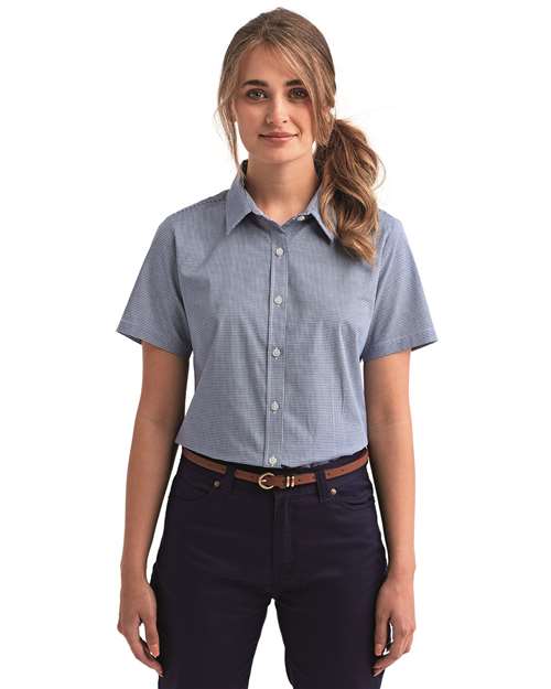 Navy/ White Women&#39;s Microcheck Gingham Short Sleeve Cotton Dress Shirt - RP321